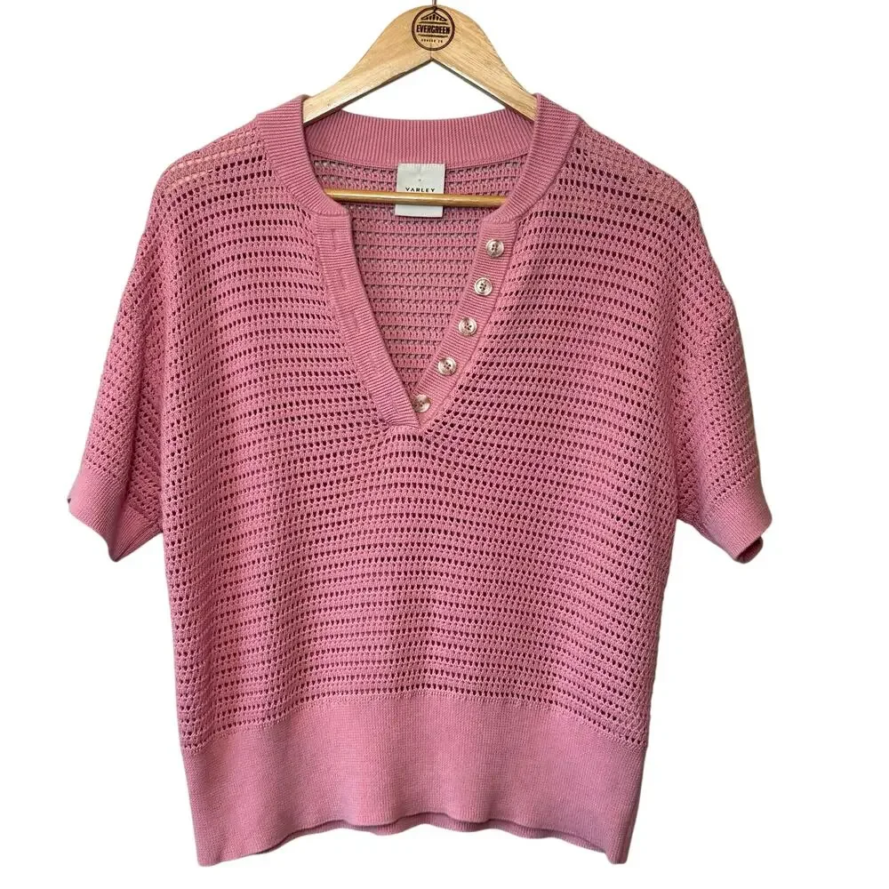 Varley Callie Open-Knit Cotton Top Short Sleeve Button Summer Pink Women’s Small - Picture 1 of 10